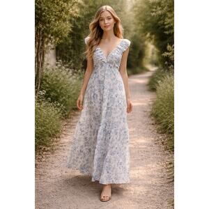 Hunter & Brown Blue & White Toile Smocked Maxi Dress – Size